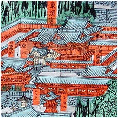 建物に朱色が使われ描かれている日光社寺の絵