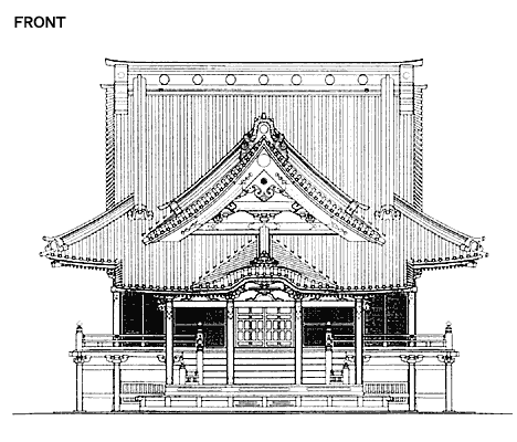白黒で描かれている二荒山神社 本殿の構造図（正面図）