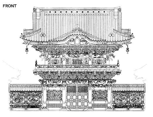 白黒で細かく描かれている東照宮 陽明門の構造図（正面図）