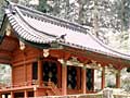 屋根が少しカーブを描いた切妻屋根で本殿全体が朱色、周りを石の柵で囲まれている二荒山神社別宮滝尾神社本殿の写真