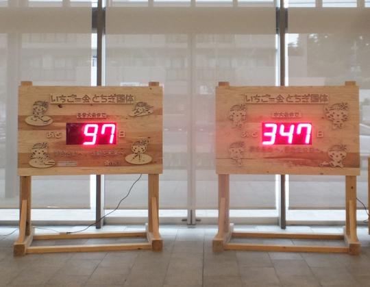 97日と347日と表示された数字が光るカウントダウンボードが2台並べられている写真