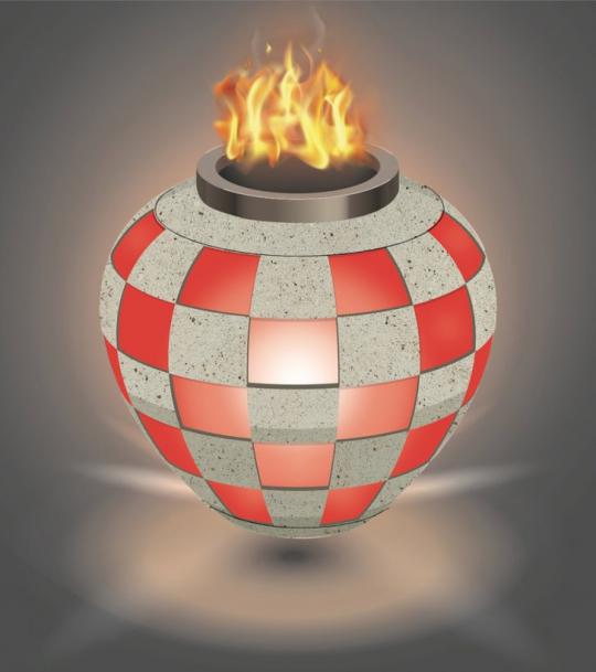 やや丸まった円筒形の炬火台の上部に炎が燃えているイラスト