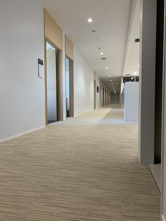 絨毯敷きのまっすぐな廊下の写真