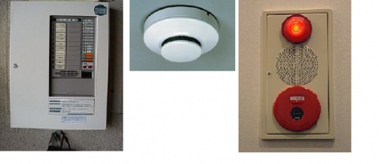 左：白い長方形にボタンが複数付いている受信機の写真。中央：白く丸い形をした感知機の写真。右：表示灯、発信機、非常ベルが一つになった自動火災報知設備の写真